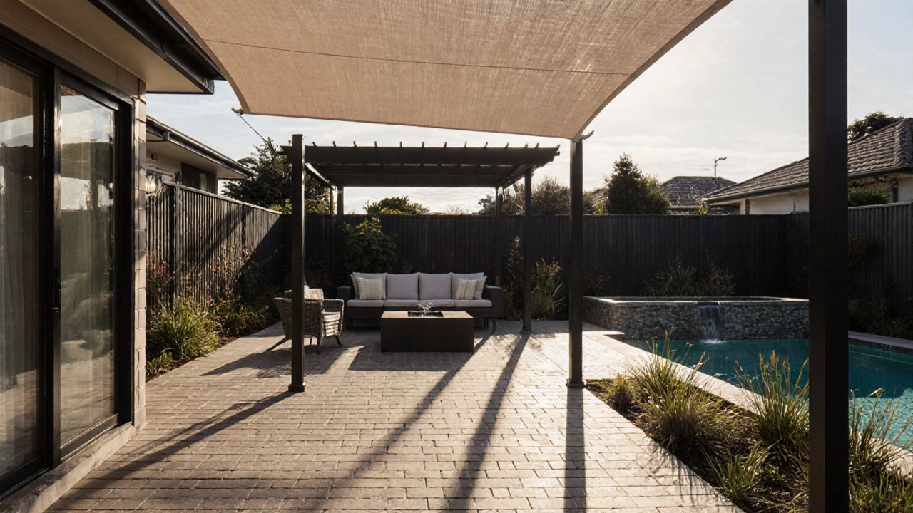 Low-maintenance outdoor area with composite decking, native plants, and pergola in New Zealand.