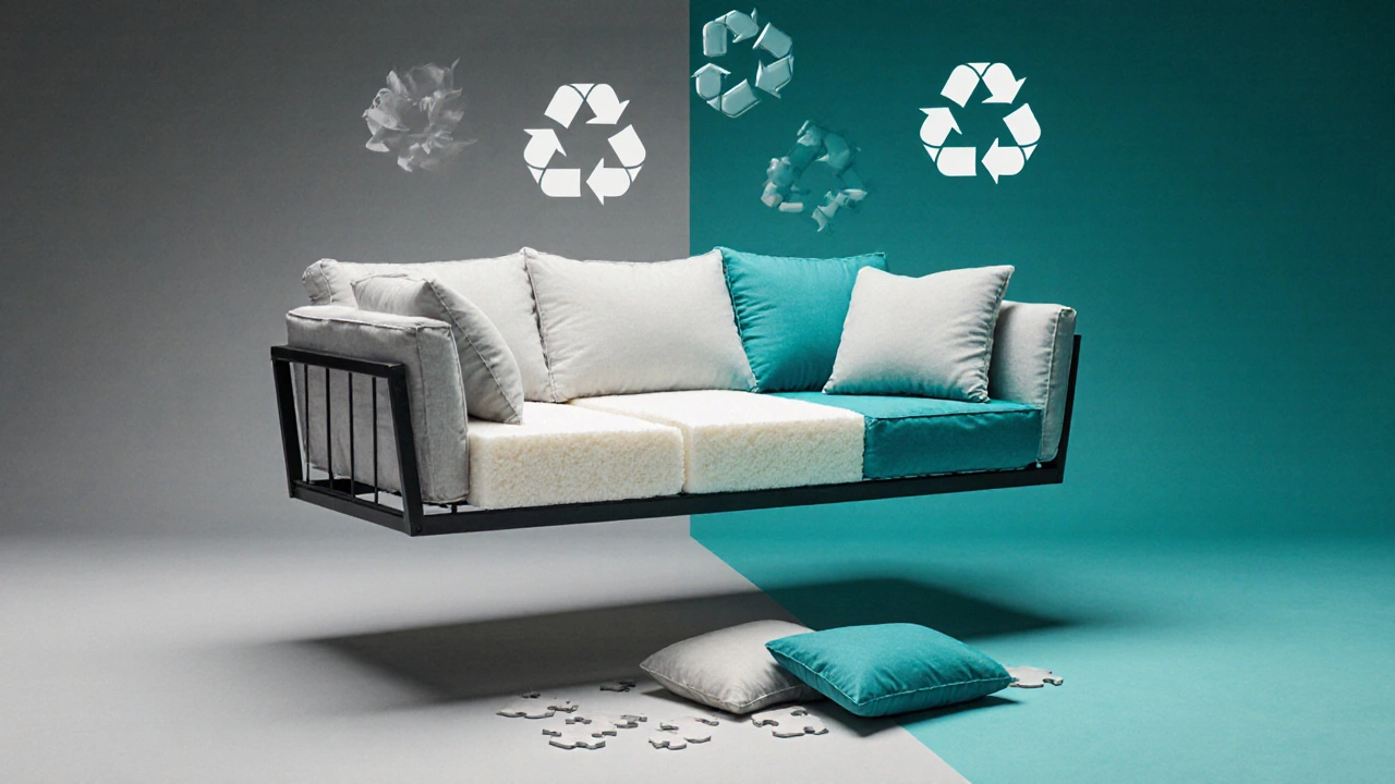 Sofa frame with cushion layers being replaced like puzzle pieces in a symbolic renewal scene.