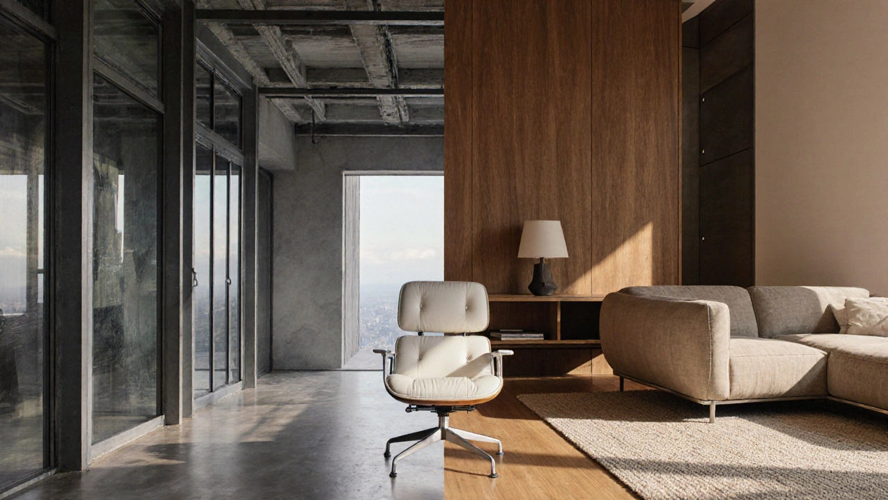 Split image contrasting rigid modern design with soft contemporary style, bridged by a classic Eames chair.