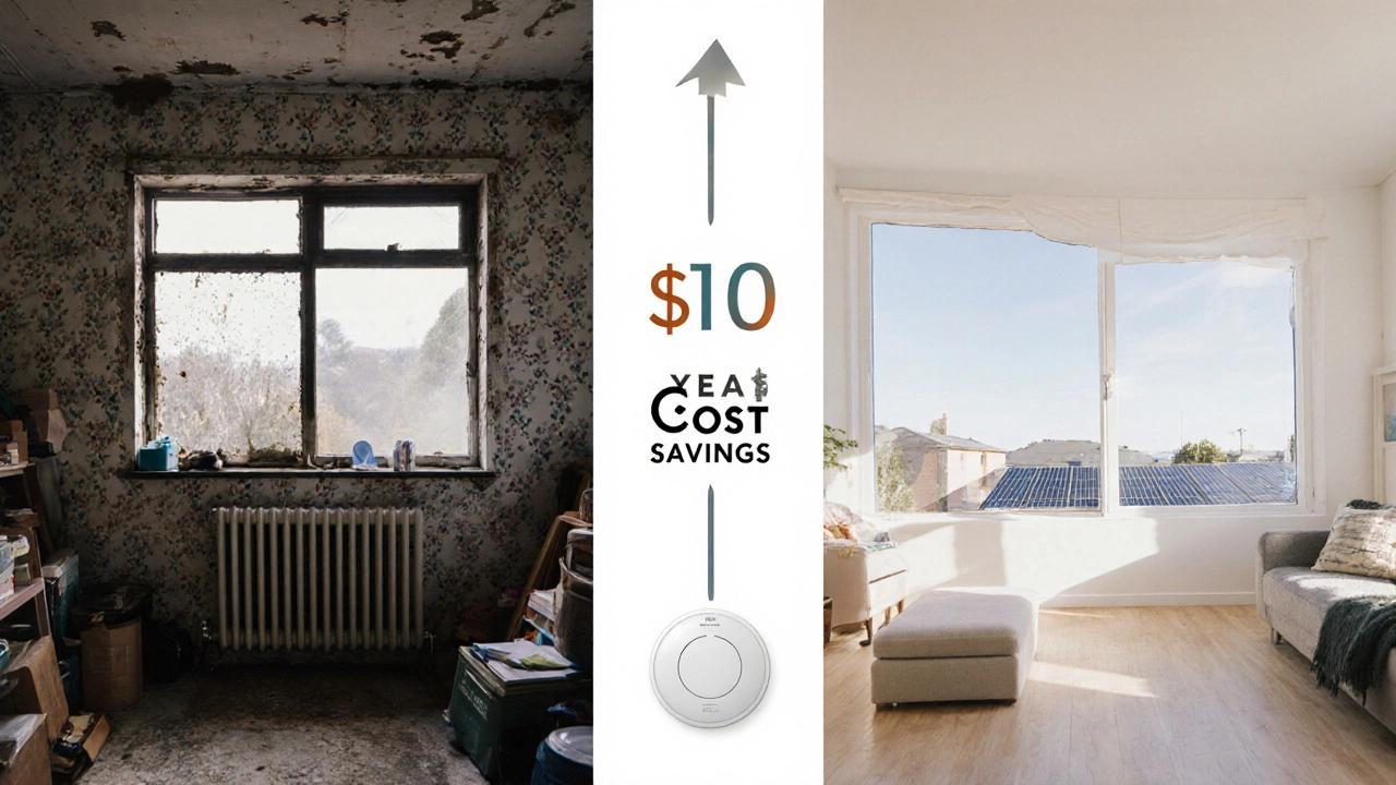 Split-screen comparison: old drafty house vs. new efficient home with cost savings timeline.
