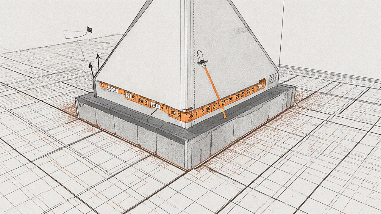 Technical illustration of a 15-20-25 foot right triangle on a building foundation blueprint.
