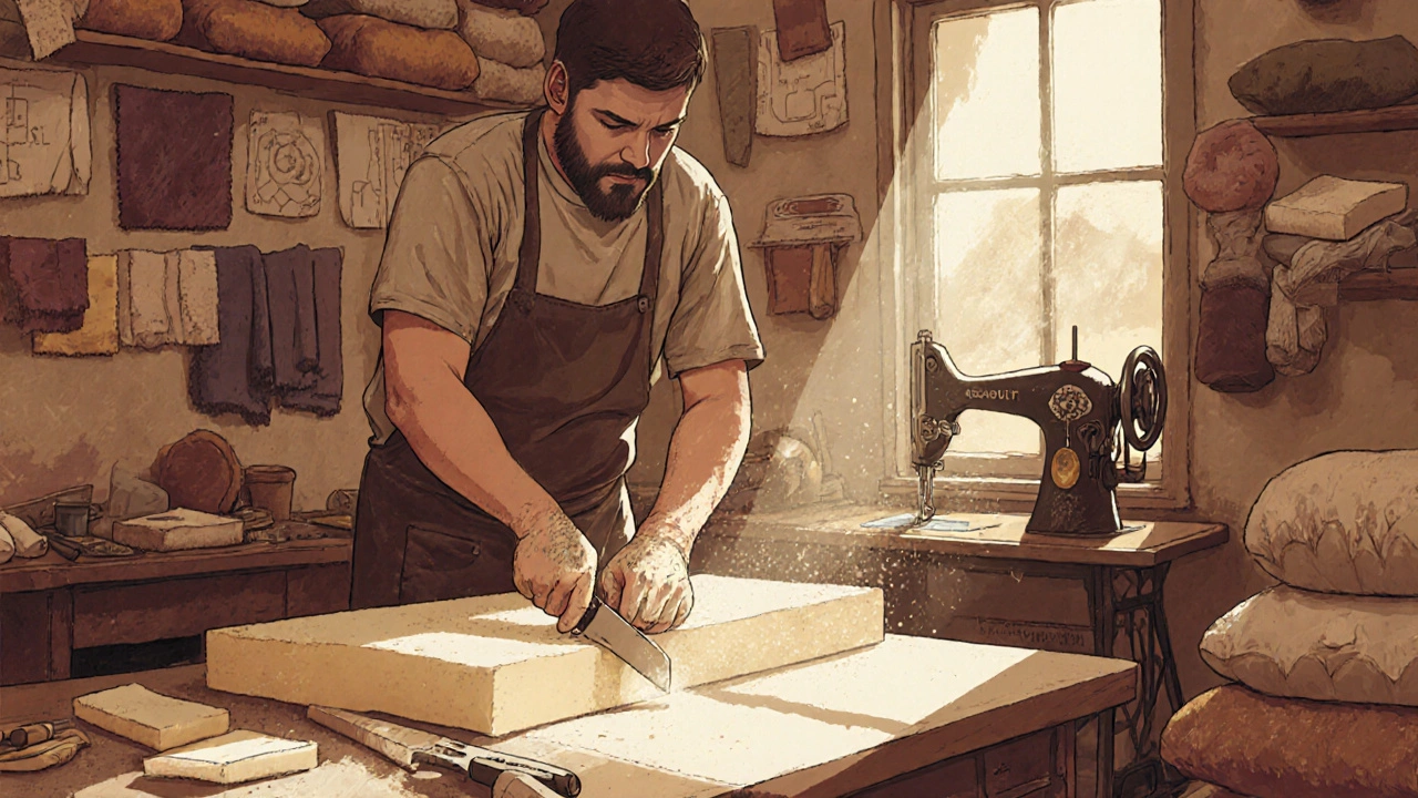 Upholsterer cutting foam in a workshop with fabric rolls and tools nearby.
