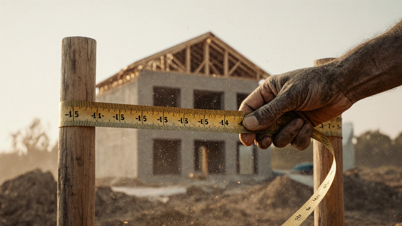 Weathered hand holding a tape measure forming a glowing 3-4-5 triangle over a rising building.