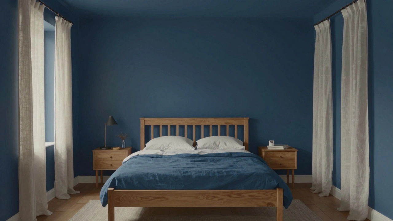 A bedroom with walls painted in deep Hague Blue, evoking a calm forest atmosphere with natural wood accents.