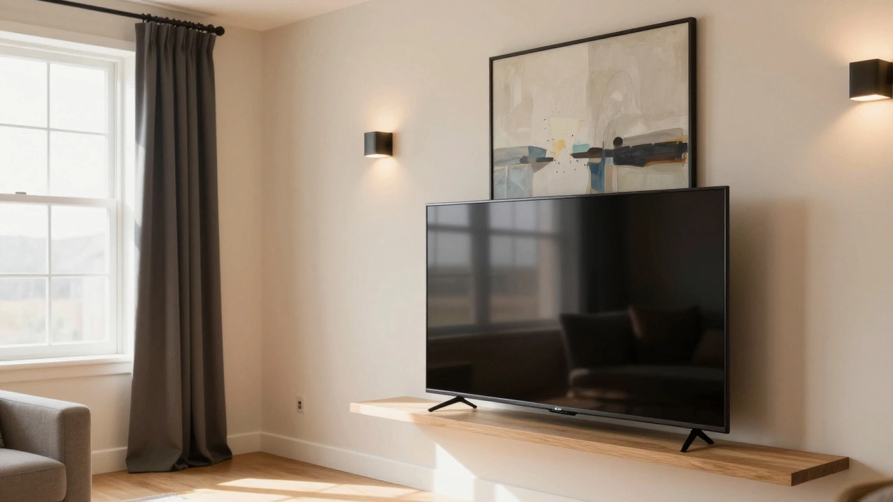A bright living room with a light wall and TV, natural daylight, and dark artwork for contrast.