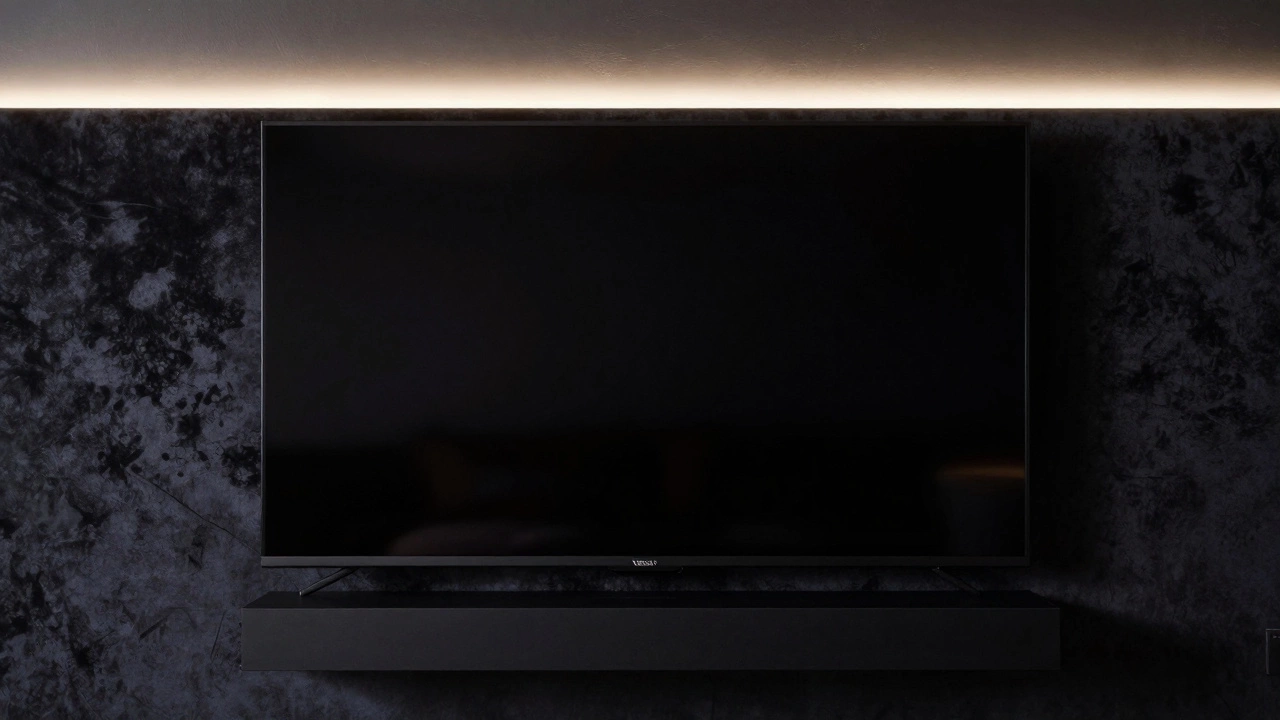 A close-up of a velvet TV backdrop panel with LED bias lighting, framing the screen in darkness.