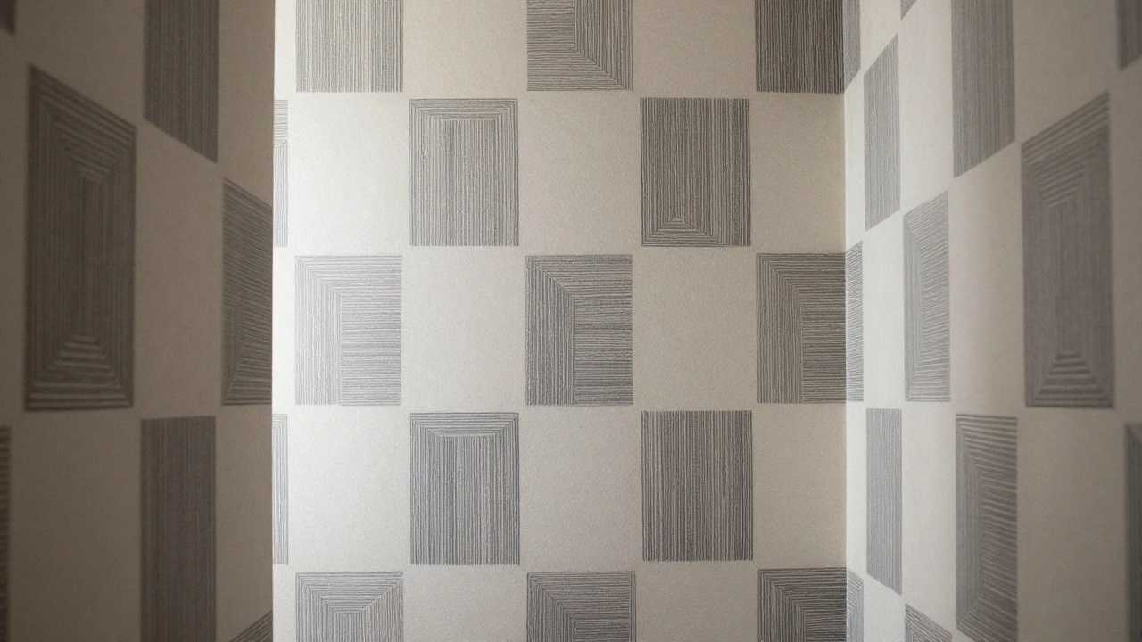 A hallway wall with hand-drawn geometric wallpaper featuring uneven hexagons in muted tones, creating subtle movement.