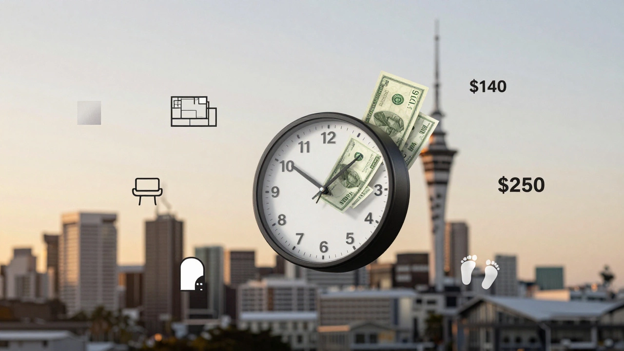 Abstract visualization of hourly design rates with service icons floating around money.