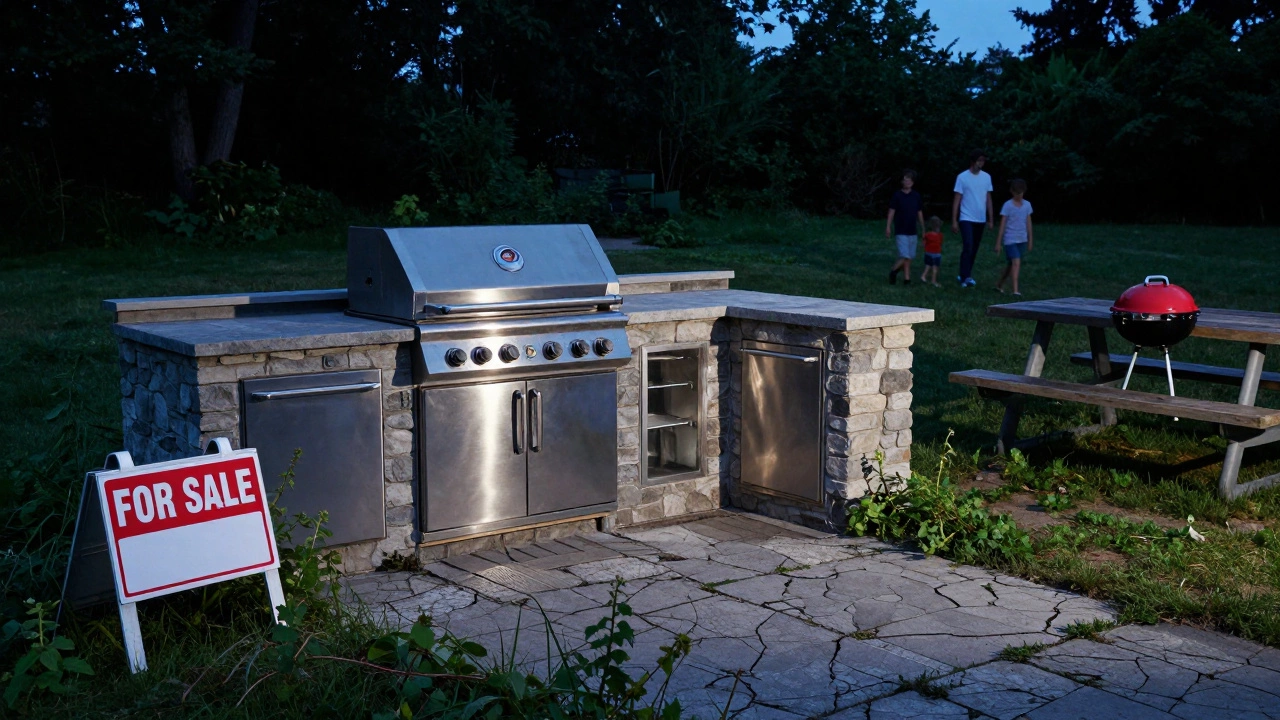 An expensive outdoor kitchen overgrown with weeds, next to a simple portable grill.