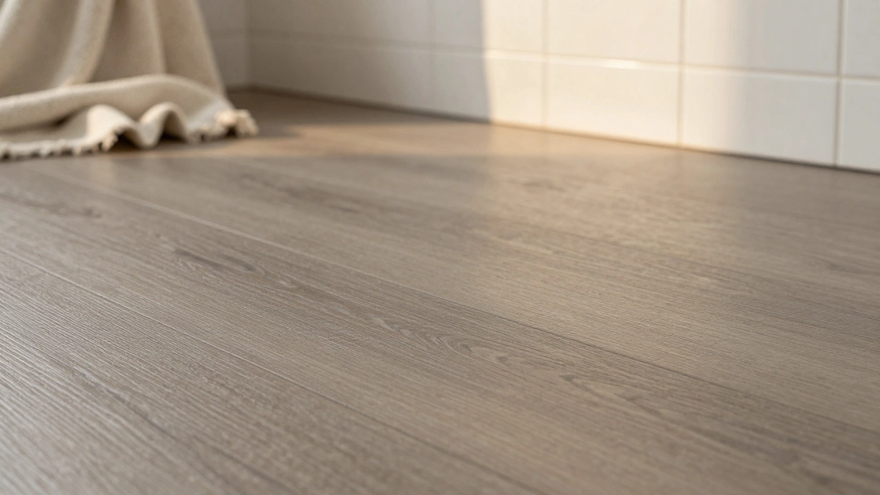 Close-up of textured gray-brown wood flooring with soft blanket and tile in golden hour light.