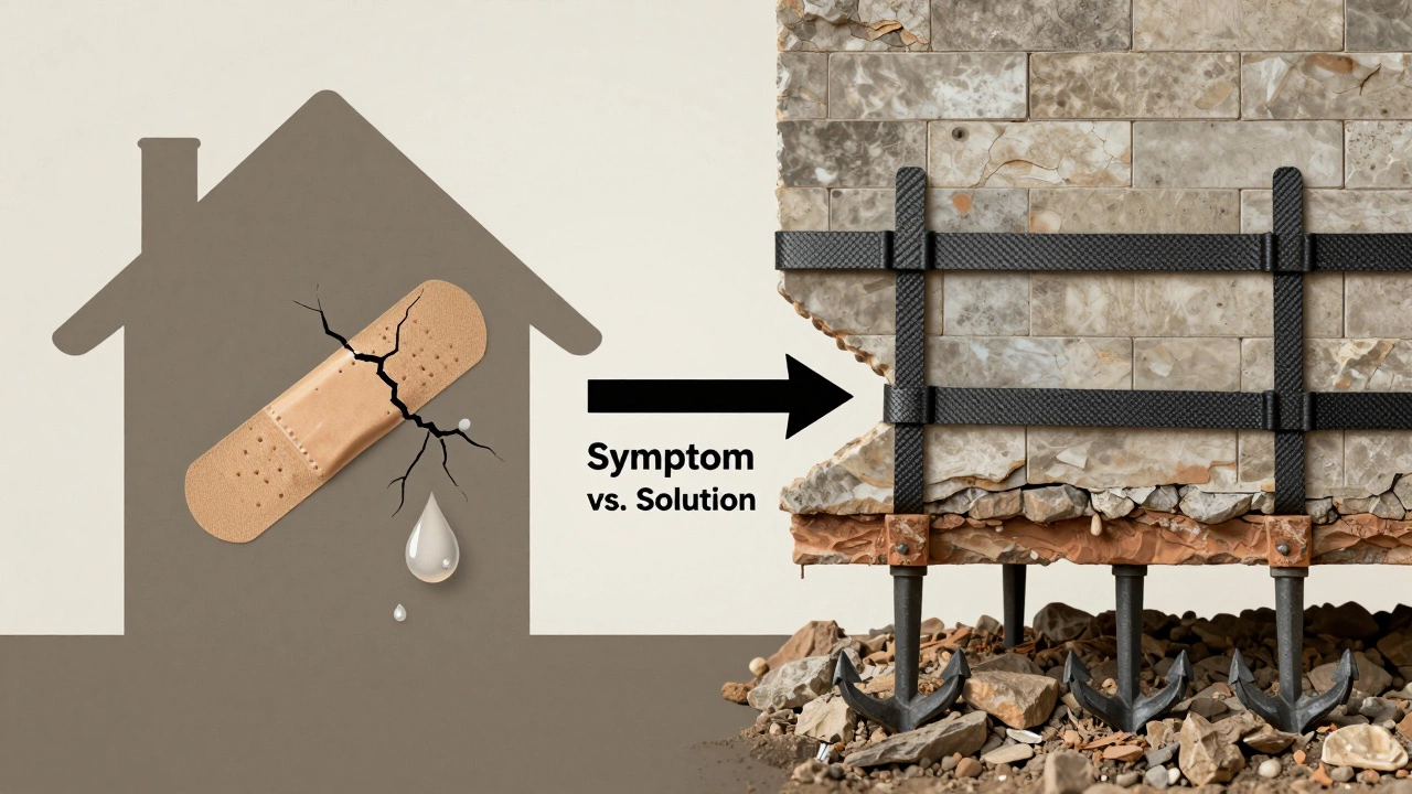 Conceptual split image showing temporary interior patch versus permanent exterior structural support for a foundation.