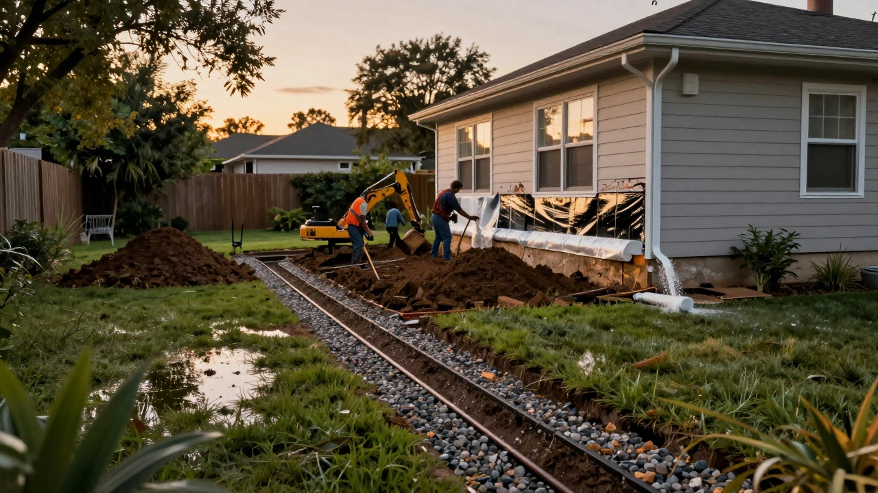 Exterior foundation repair with excavated soil, waterproofing membrane, and drainage trench near a house at dusk.