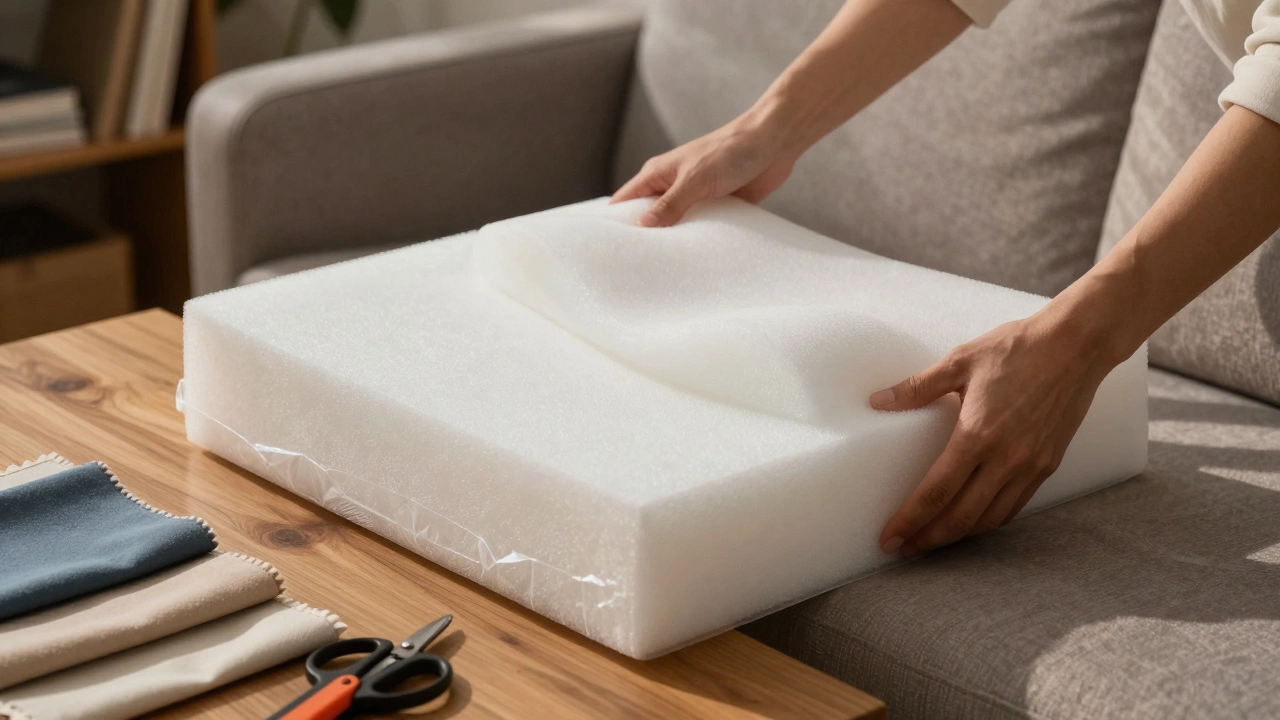 Hands installing new high-density foam into a cushion cover with batting and tools nearby.