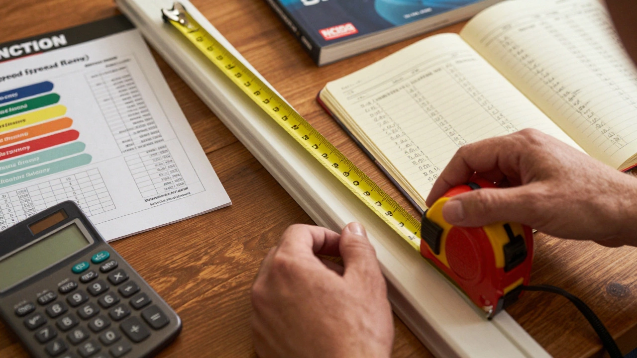 Hands measuring a door frame with tools and calculation notes scattered nearby.