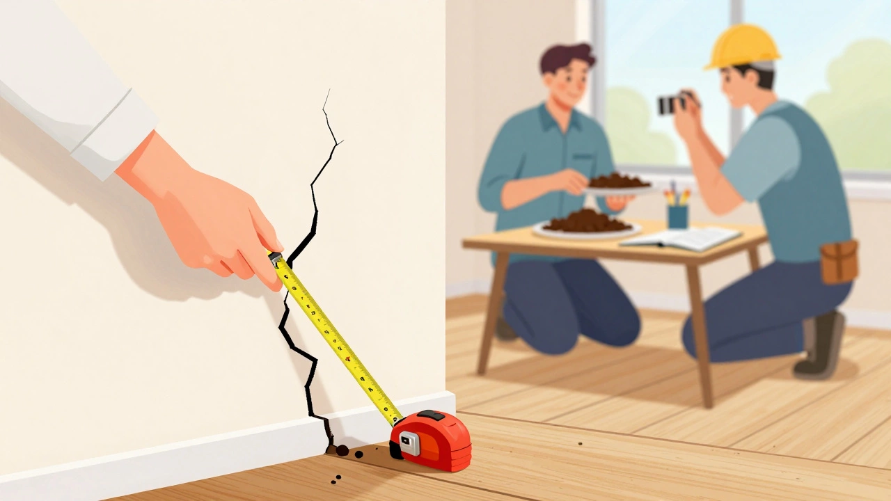 Homeowner and engineer inspecting a wall crack with measuring tools.