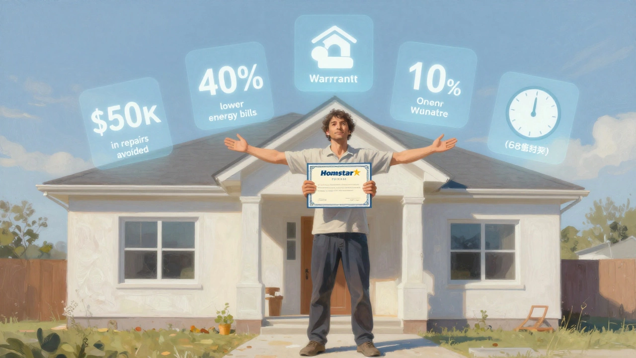 Homeowner standing in new home holding a Homestar certificate with floating cost-saving icons.
