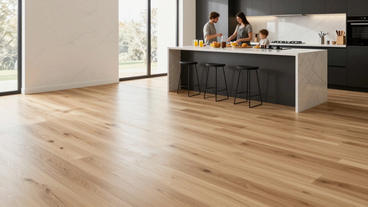 Modern kitchen with light hardwood floors and porcelain tiles, bathed in natural sunlight.