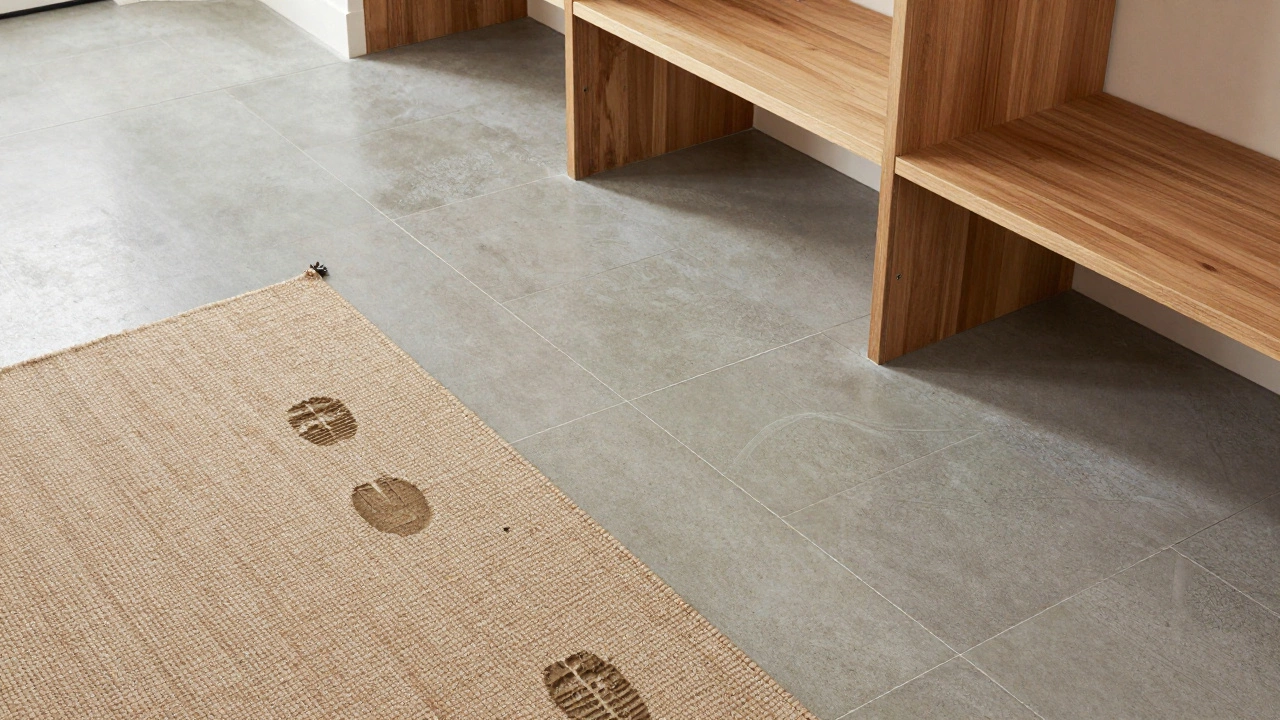 Polished concrete mudroom floor with wool rug and subtle boot prints.