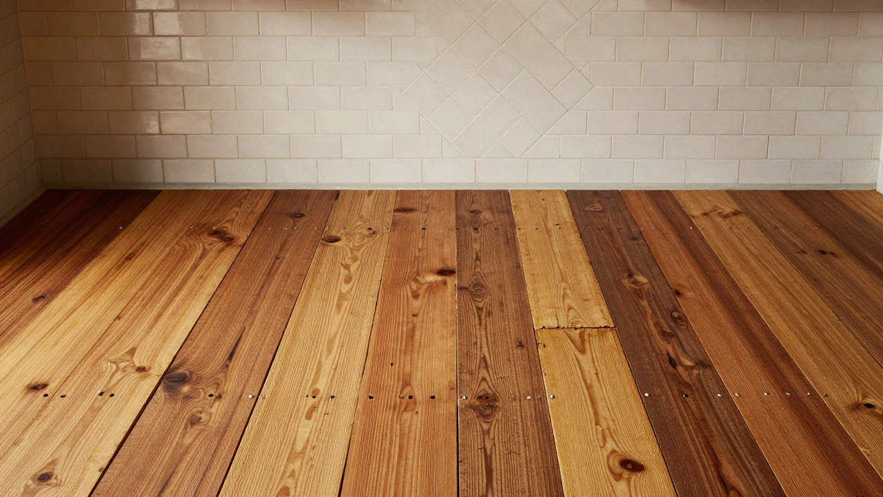 Reclaimed shiplap flooring in a cottage kitchen with herringbone tile backsplash.