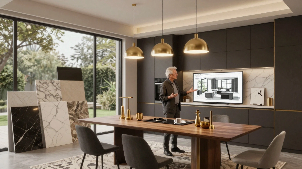 Senior designer presenting a 3D kitchen rendering to a client in a luxury studio.