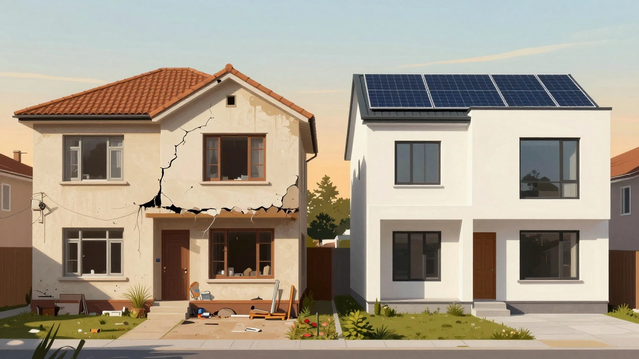 Side-by-side comparison of an old, deteriorating house and a new, energy-efficient home.