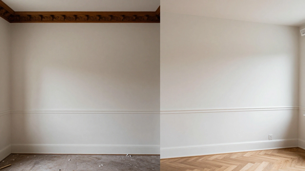 Side-by-side comparison of outdated ornate trim versus modern minimalist trim in home renovation.