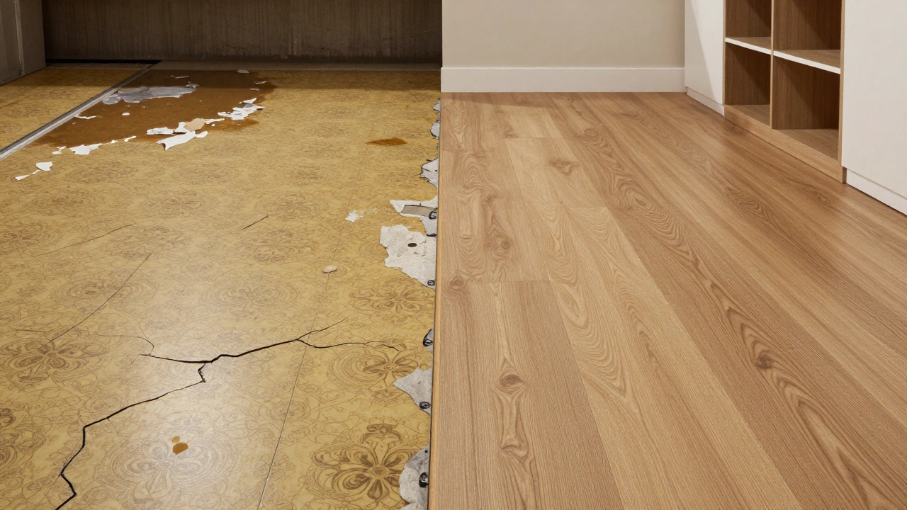Split image: old peeling vinyl flooring vs. new luxury vinyl plank in a basement.