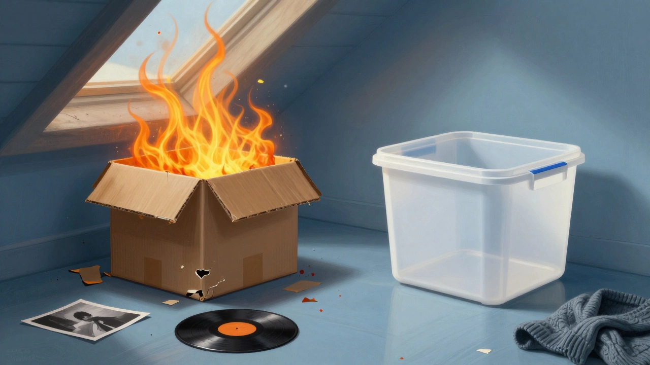 Split image showing damaged items in an attic versus protected items in a climate-stable room.