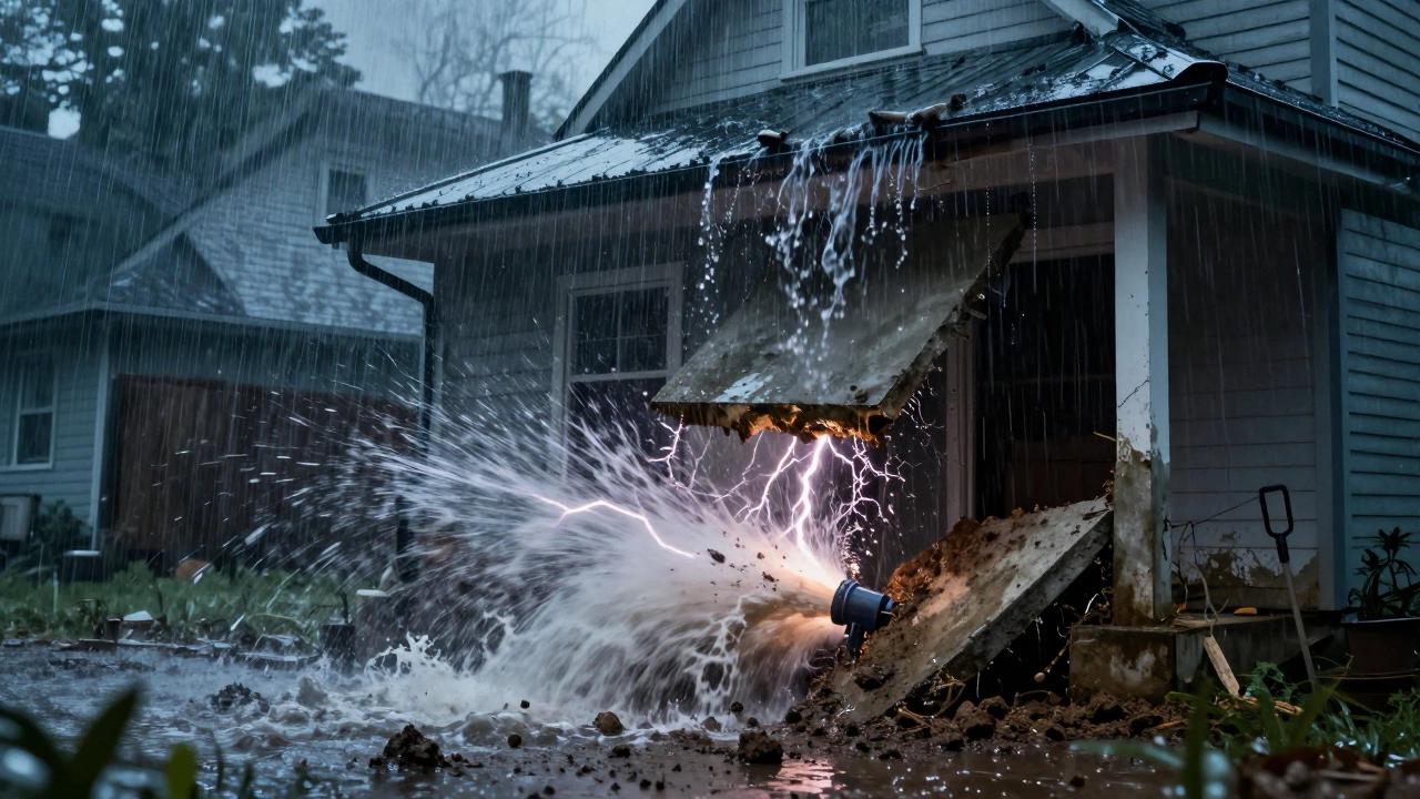 Storm damage causing underground pipe burst and foundation sinking.