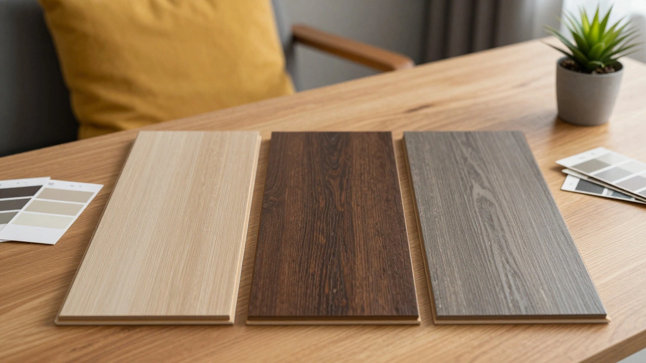 Three flooring samples on a table next to paint swatches and a yellow pillow for comparison.