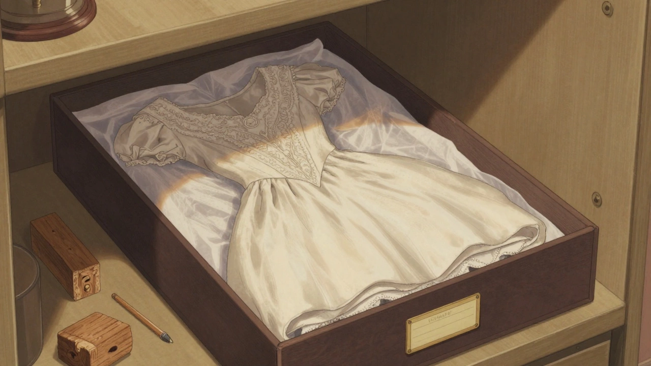 Vintage wedding dress being stored in an acid-free box with cedar blocks in a quiet closet.