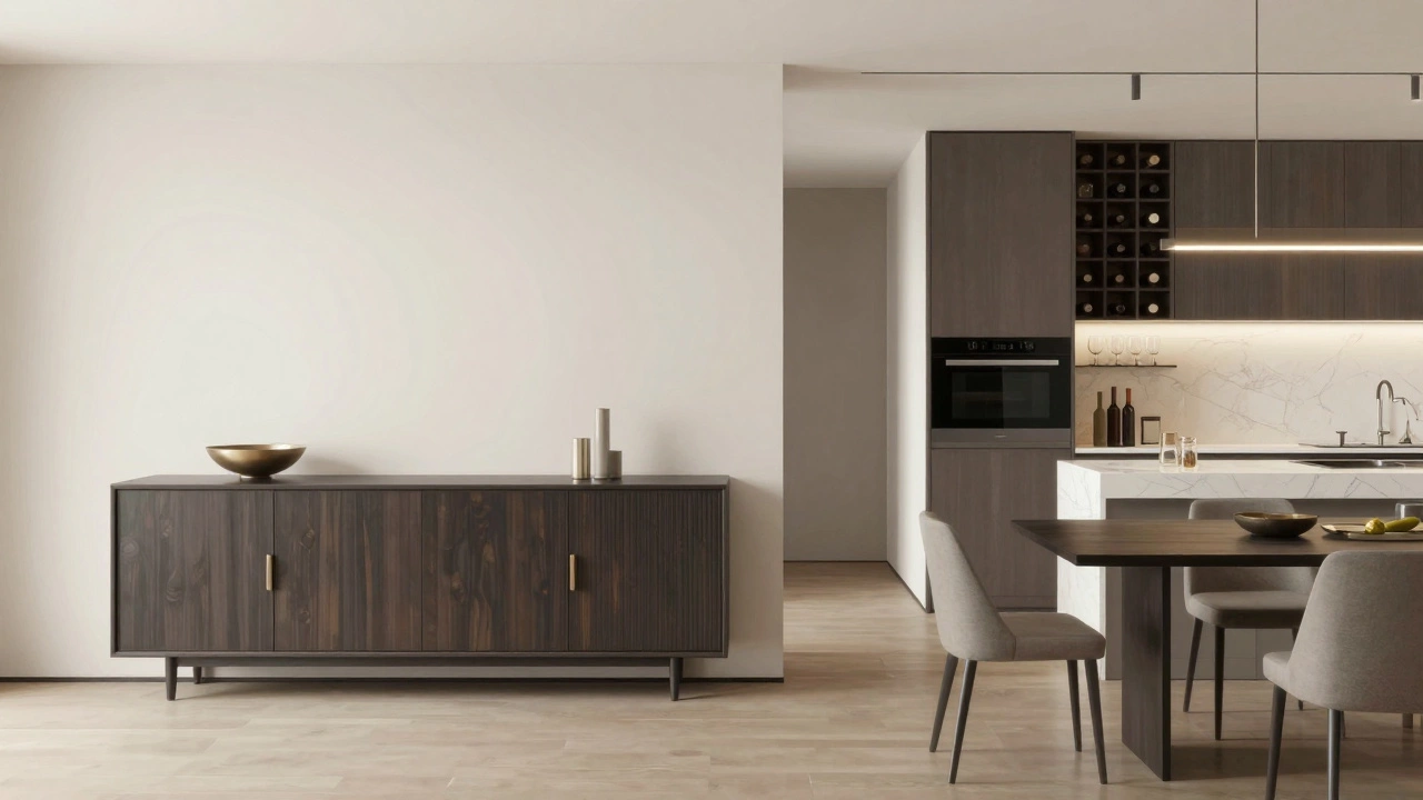 A 36-inch credenza aligned with a kitchen island, creating a cohesive look in an open-concept dining space.