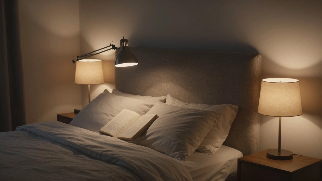 A bedroom with soft bedside lamps and a reading lamp, creating a calm, sleep-friendly atmosphere.