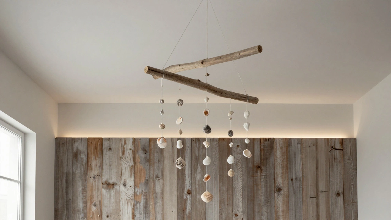 A ceiling mobile of driftwood and shells above a weathered wood panel wall in natural light.