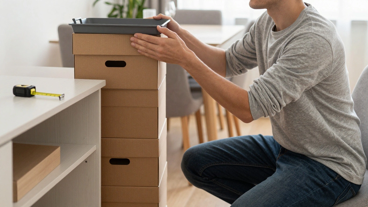 A homeowner testing credenza height with stacked boxes and a tray, seated in a dining chair, evaluating comfort.