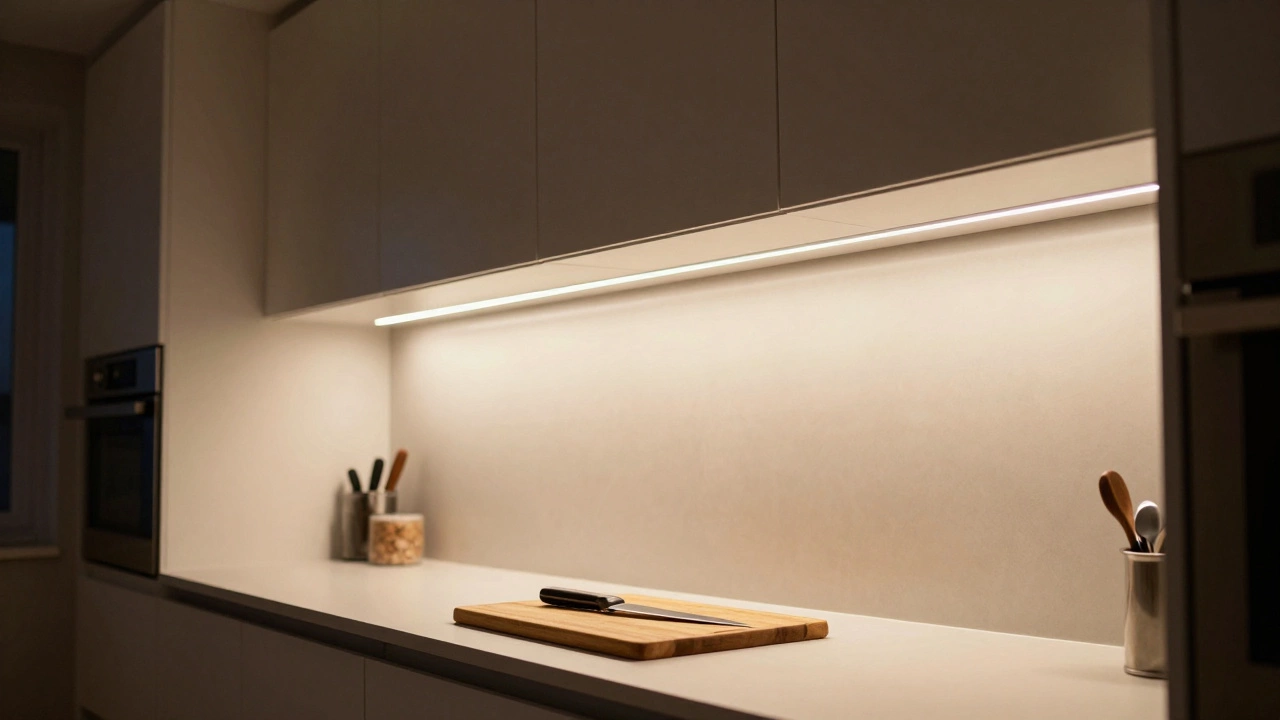 A kitchen with under-cabinet LED strips illuminating a countertop and dimmable overhead lights.