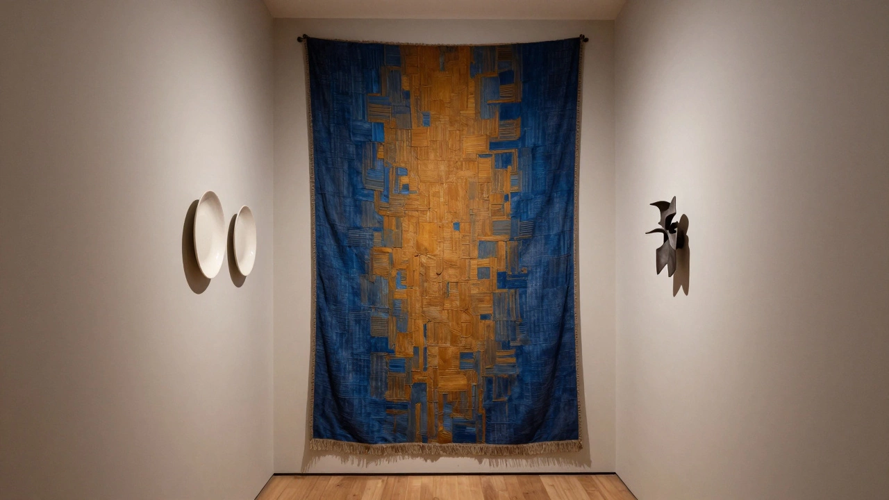 A narrow hallway with vertical woven tapestry, ceramic plates, and metal sculpture under soft lighting.