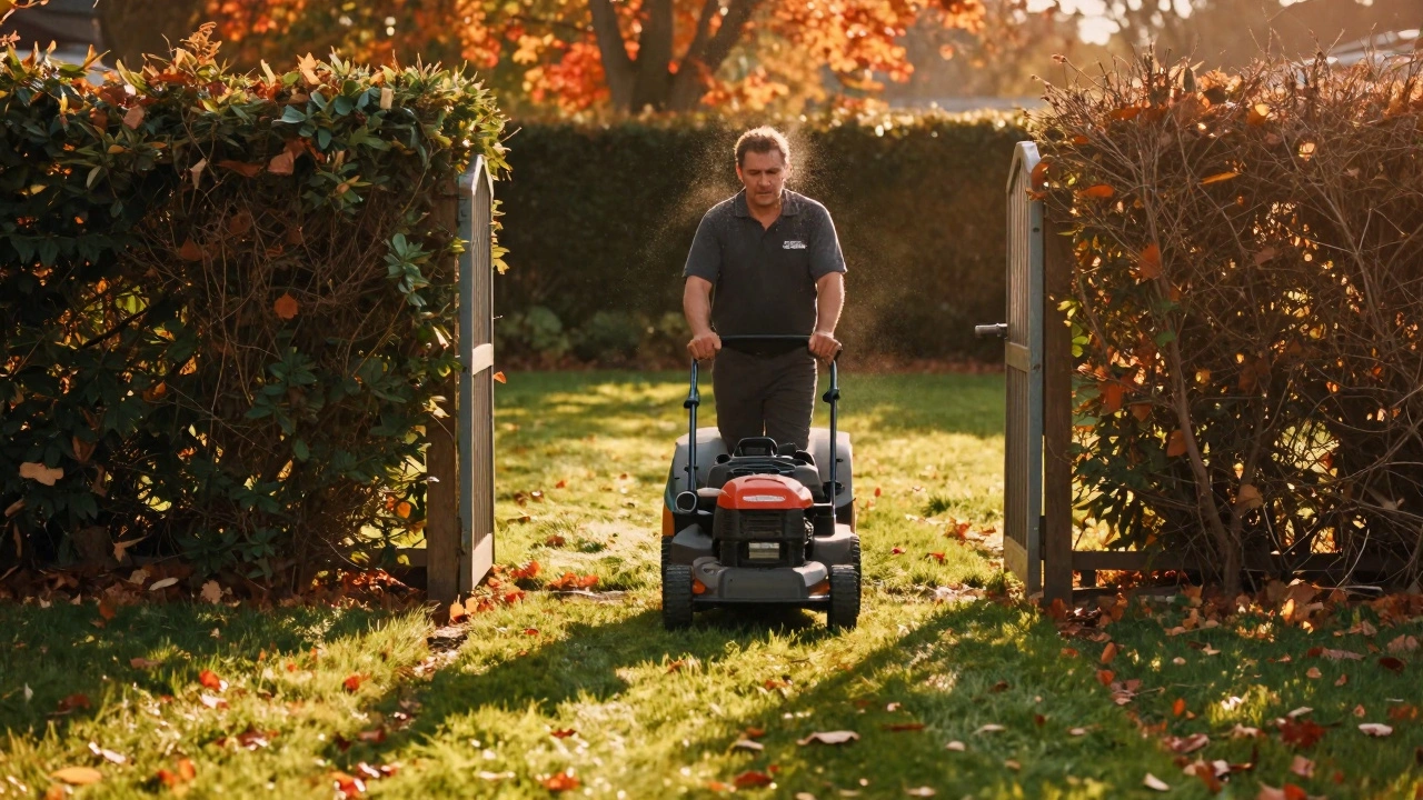 A worker carrying a ride-on mower through a narrow gate surrounded by autumn leaves and overgrown hedges.