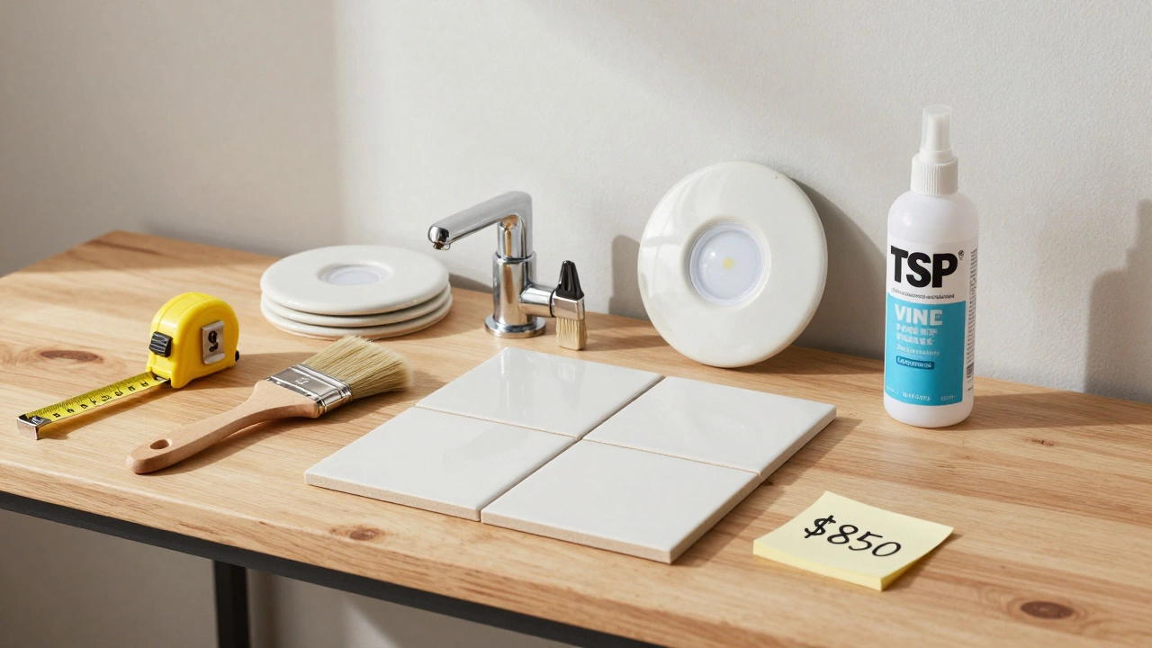 Budget renovation tools and materials laid out on a workbench with a handwritten 0 price tag.