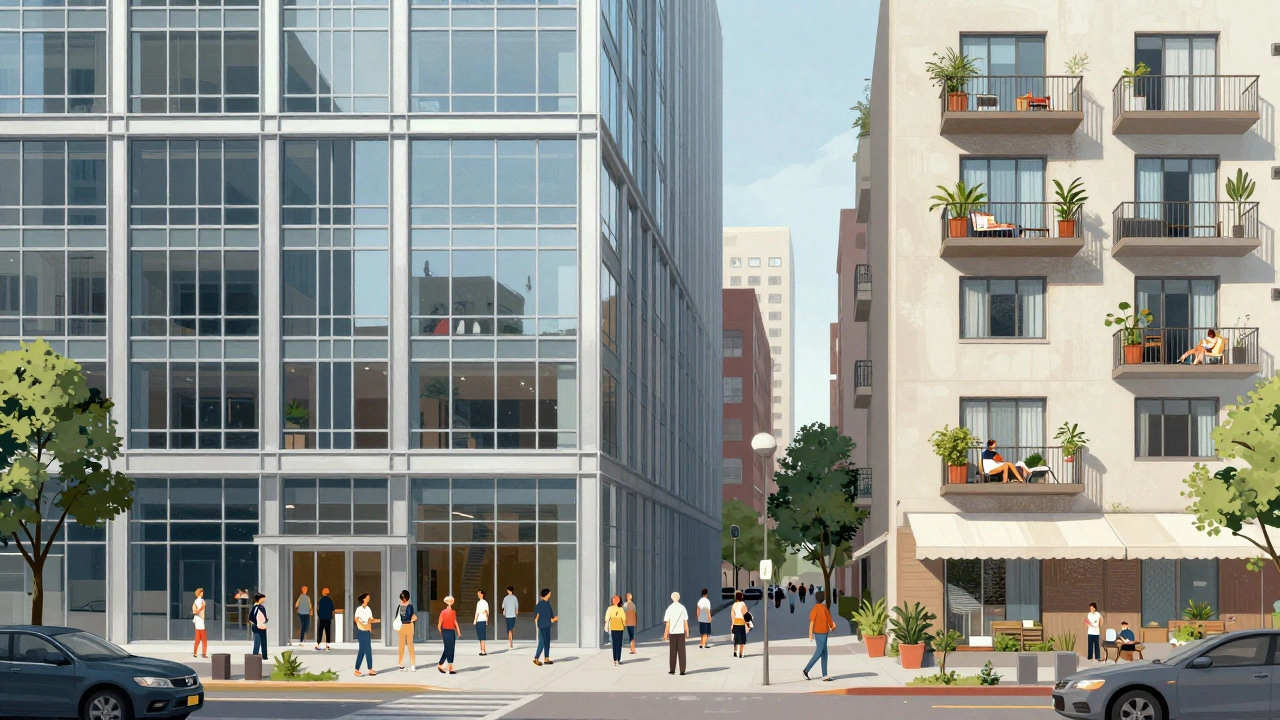 Juxtaposition of a large commercial building and a residential apartment complex with distinct architectural features.