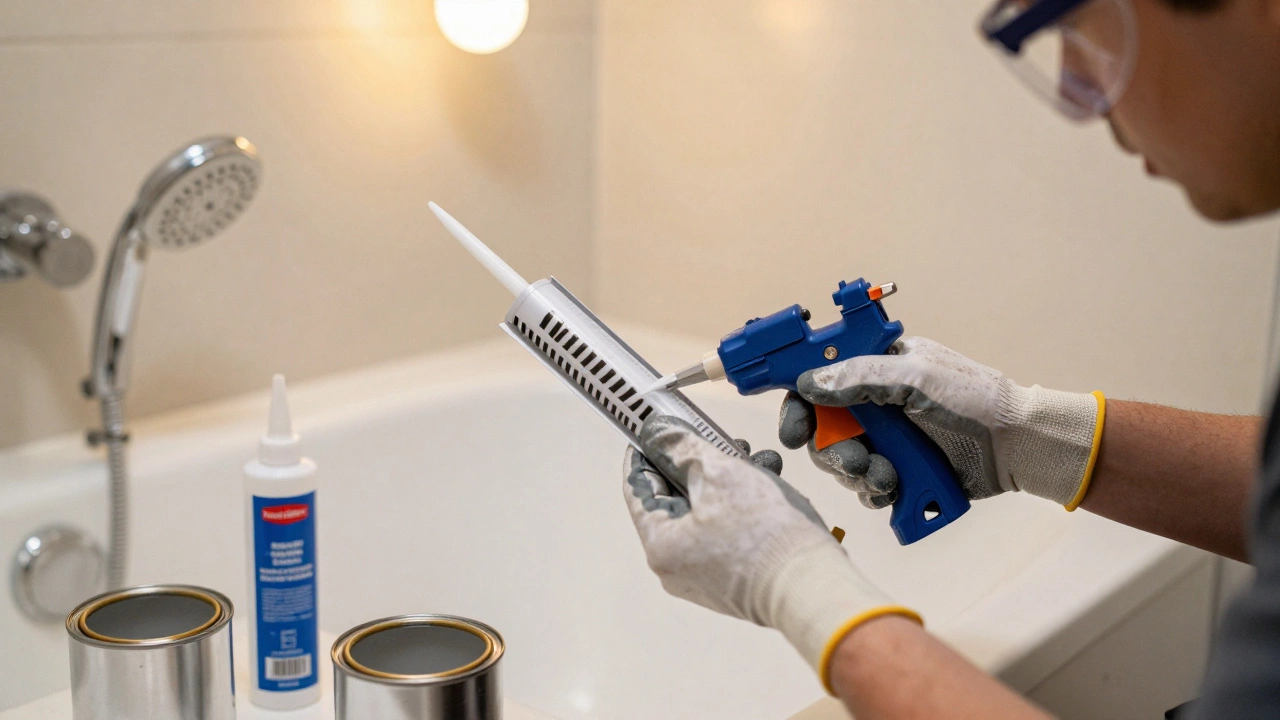Person applying caulk around a bathtub during a DIY bathroom upgrade, wearing safety gear.