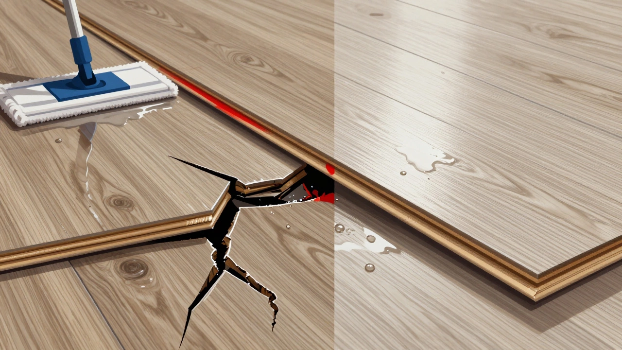 Side-by-side comparison of swollen laminate floor versus intact waterproof vinyl plank under dramatic lighting.