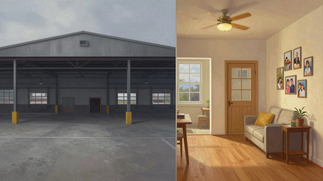 Split building showing industrial warehouse on one side and a warm home on the other, symbolizing construction opposites.