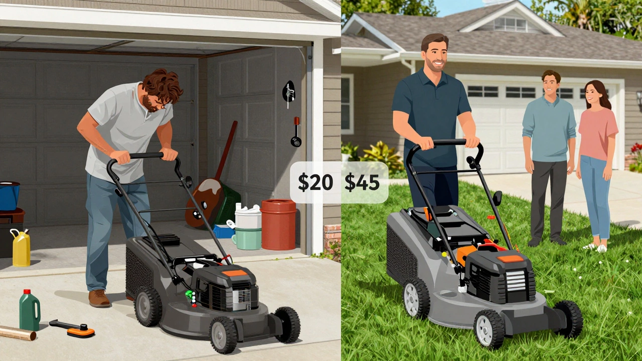 Split image showing a DIYer struggling with a rented mower versus a professional using a commercial mower on a clean lawn.