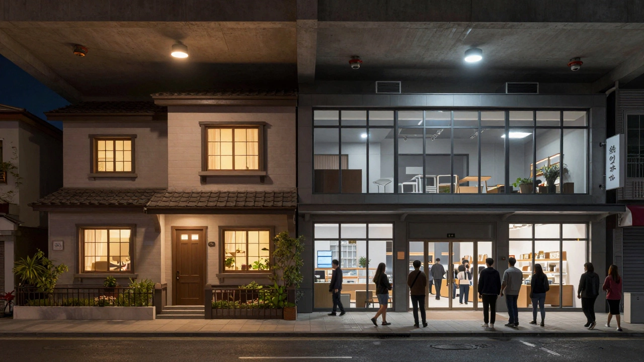 Split view comparing a residential home to a commercial building with distinct architectural features.