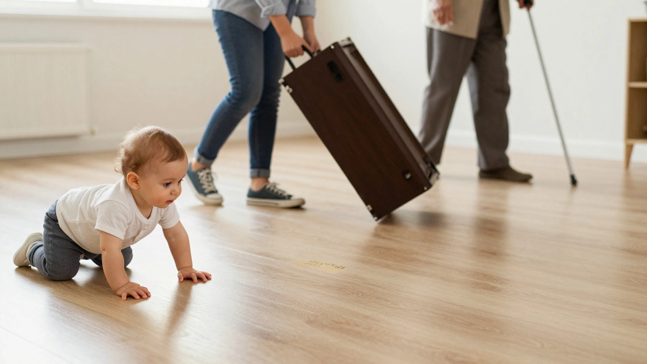 Timeline of family life over 25 years on the same durable vinyl floor, from baby to senior, no visible wear.