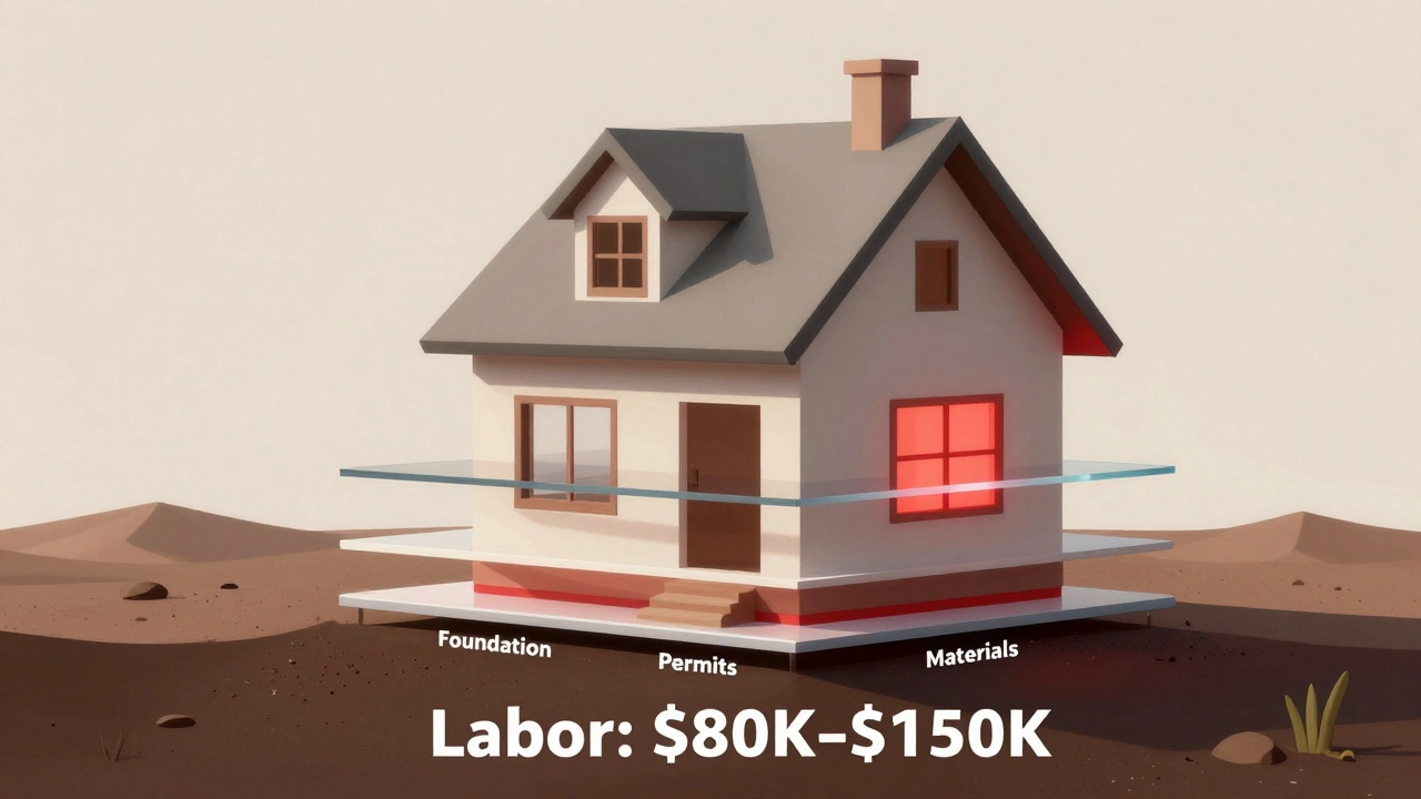 Transparent layers of a house showing labor costs as the largest financial component towering over materials and permits.