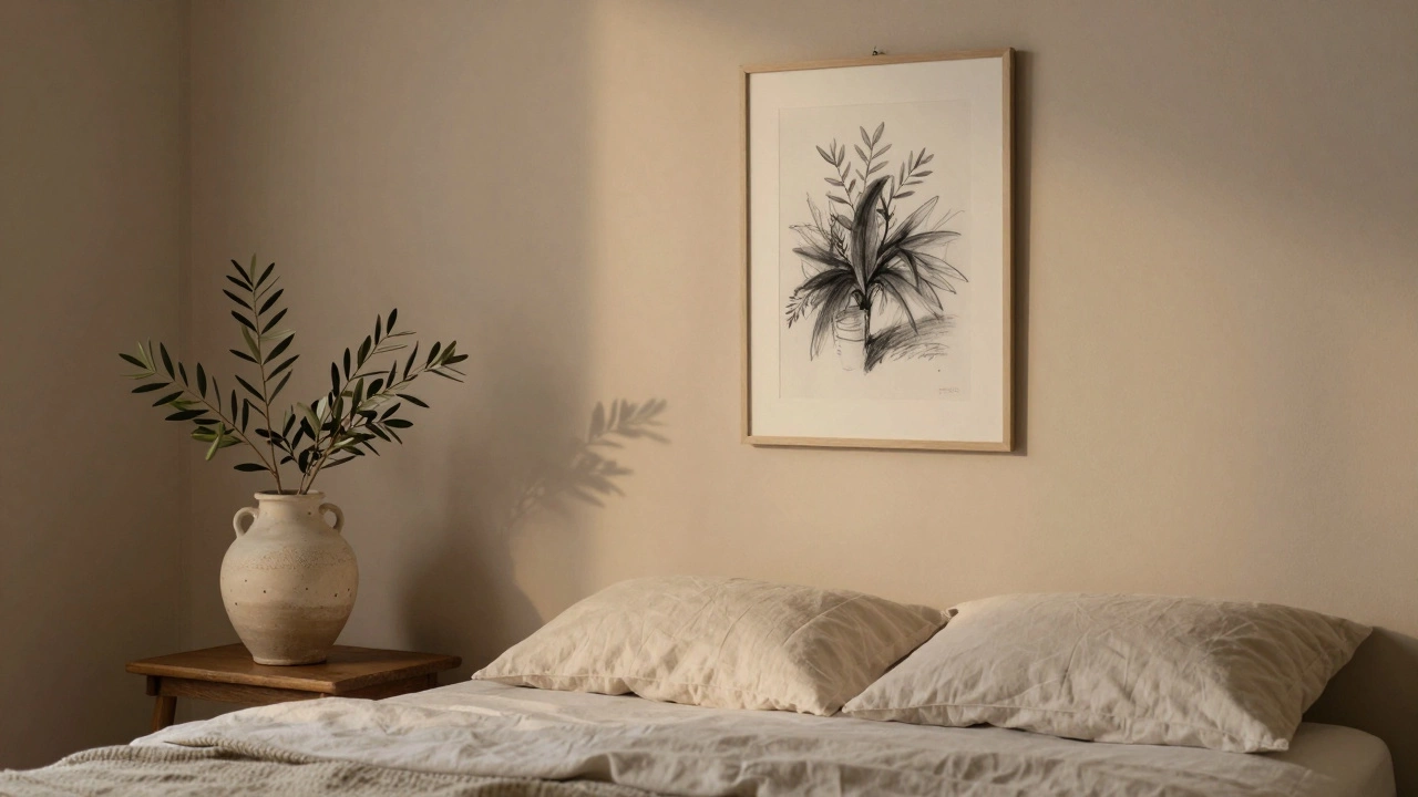 A bedroom at twilight with oat-colored walls, a ceramic lamp, and a charcoal sketch beside a potted olive branch.