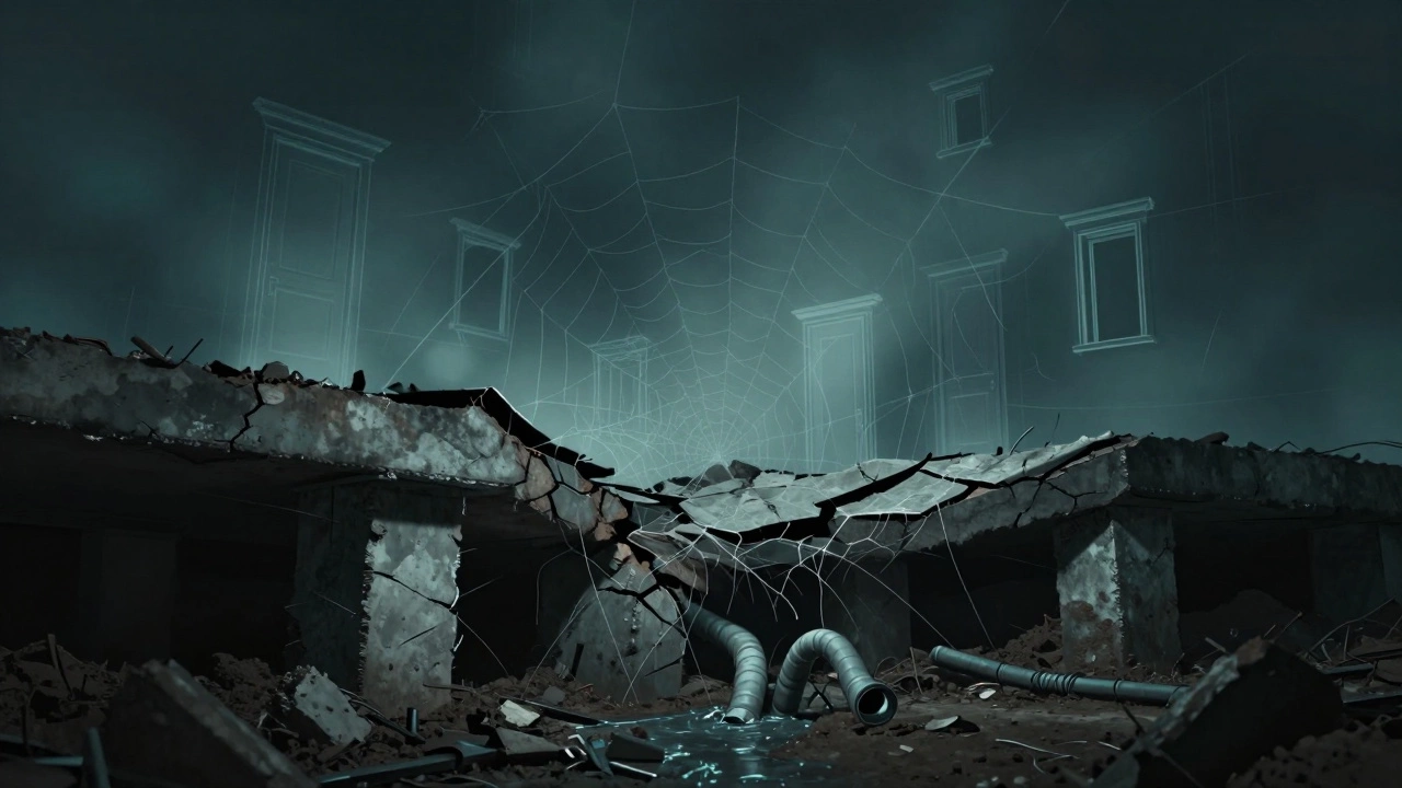 A house foundation crumbling as soil washes away beneath it, with cracks spreading and pipes breaking.