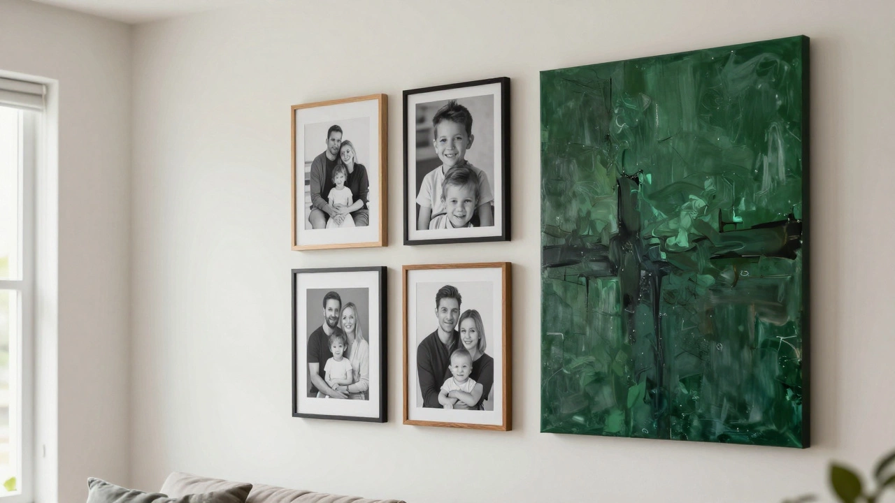 A living room wall with a clustered arrangement of three photos and one large green abstract print in mixed frames.